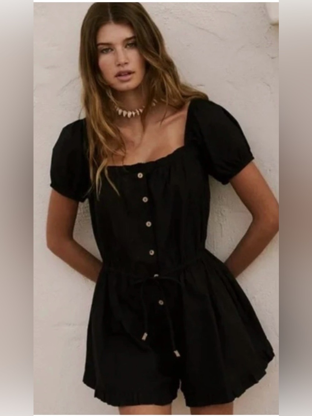 Free People. Black Button-Front Square Neck Puff Sleeve Romper